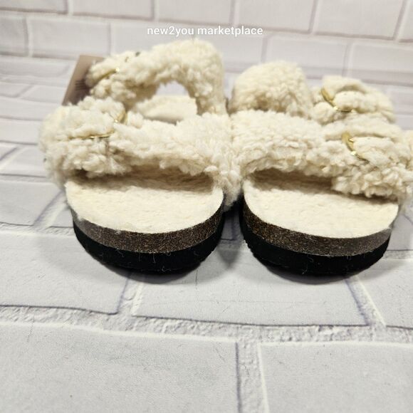 New Womens Auden Faux Fur Tan Open Toe Slippers Size 8 Color cream warm sandal - Picture 7 of 10
